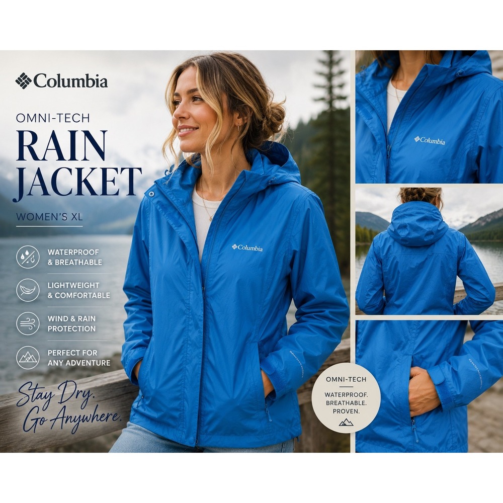 Columbia Omni-Tech Waterproof Hooded Rain Jacket Blue Women's XL Lightweight
